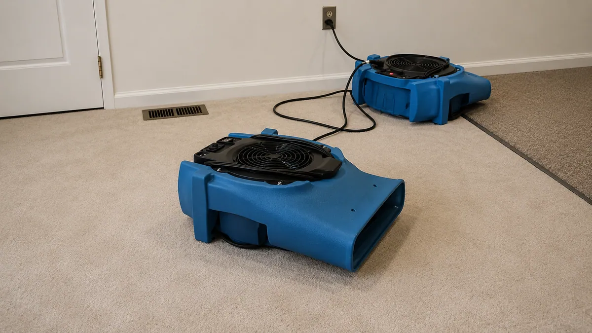 Restoration technician extracting water from a water-damaged room with drying equipment running